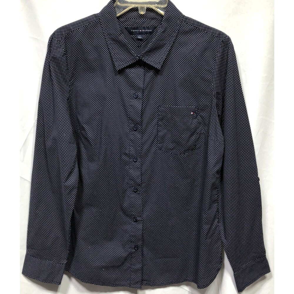 Tommy Hilfiger oxford button up top M blue polkadot pocket roll tab long sleeve